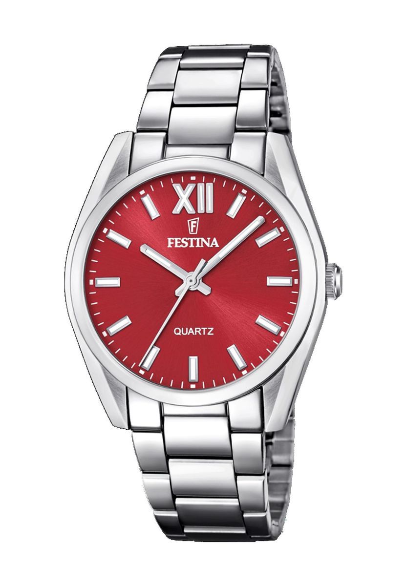 Silberne Edelstahluhr mit rotem Zifferblatt