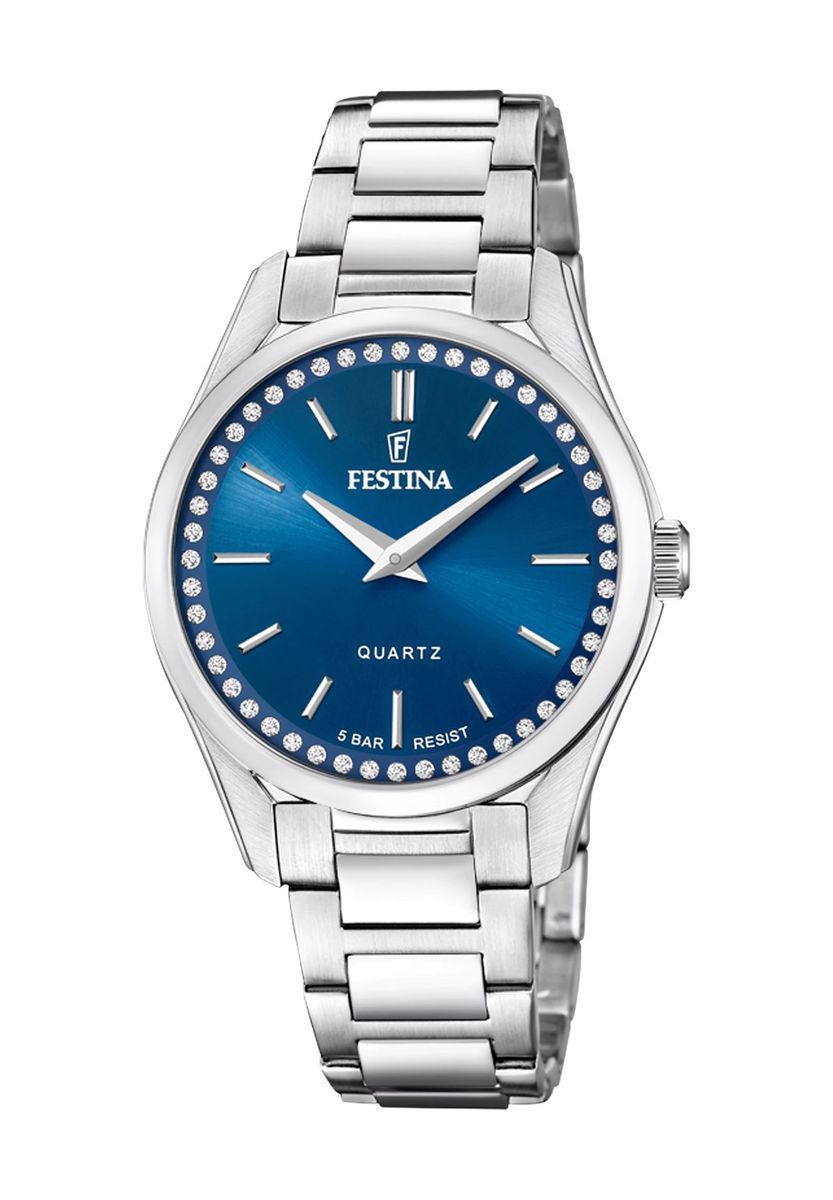 Elegante silberfarbene Damenuhr mit blauem Zifferblatt