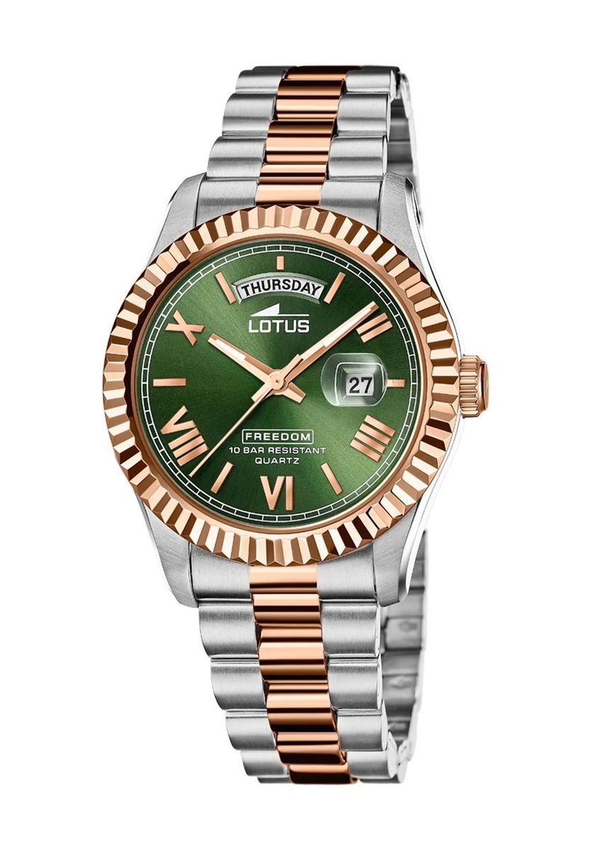 Zweifarbige Edelstahluhr mit grünem Zifferblatt