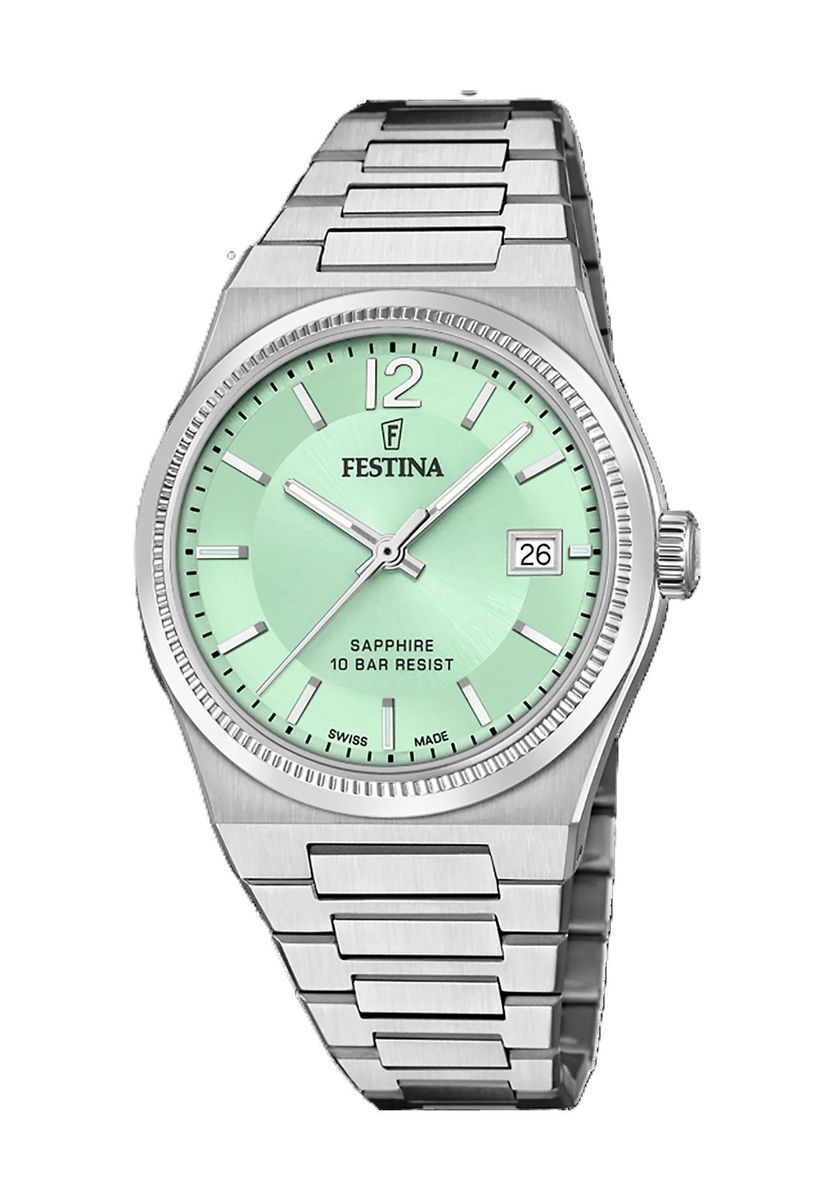 Minimalistische Edelstahluhr mit grünem Zifferblatt