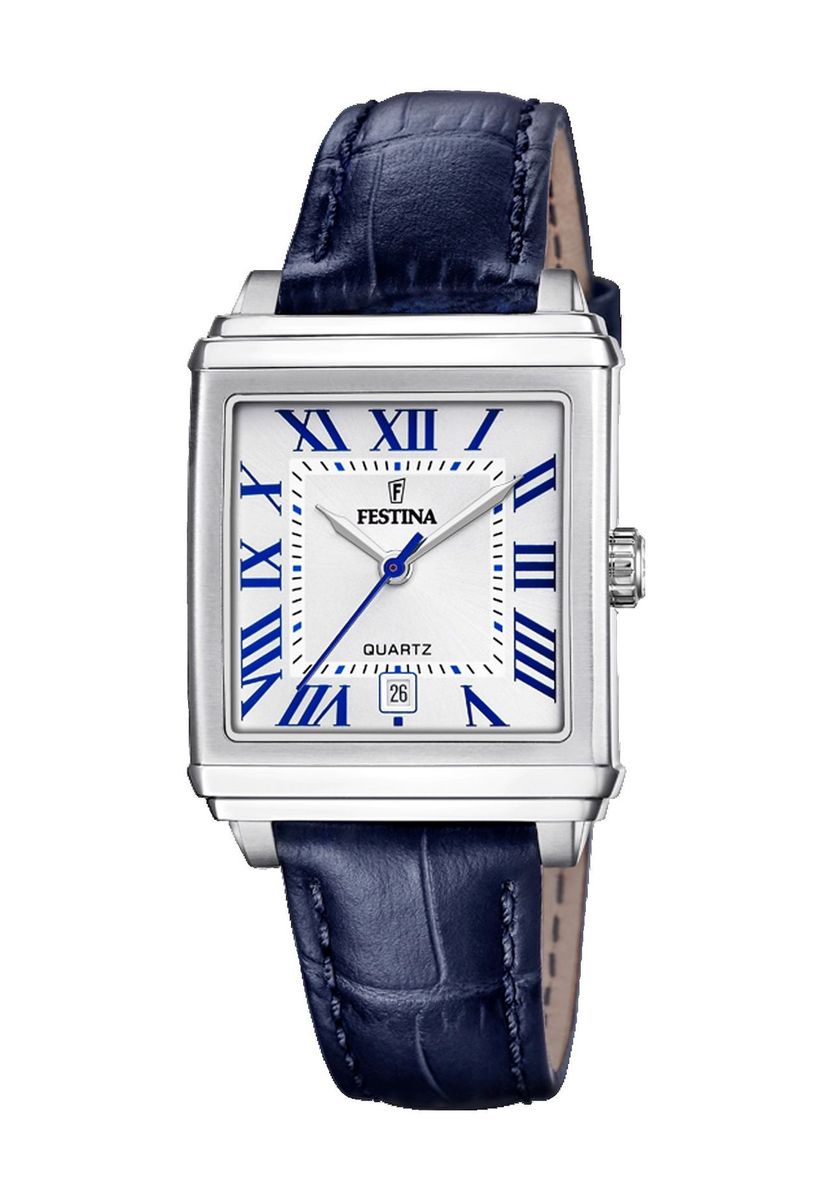 Eckige silberne Uhr mit blauem Lederarmband