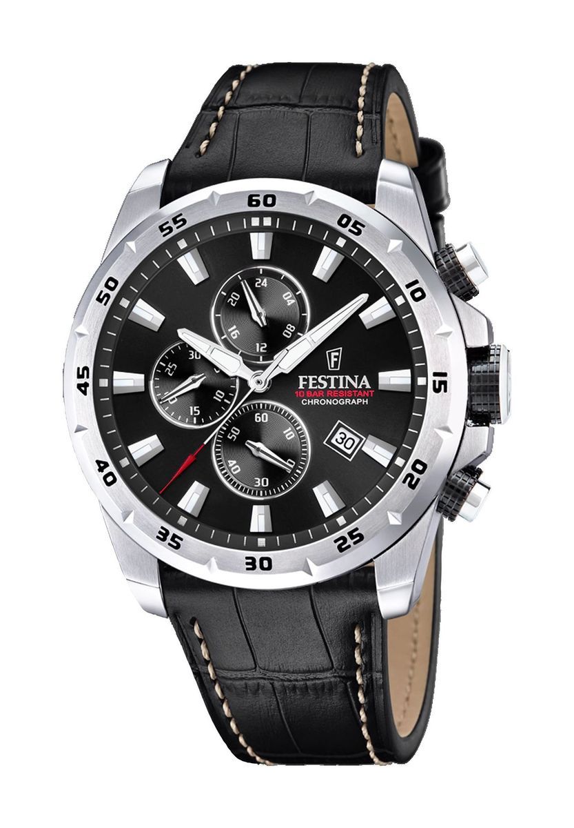 Herren Chronograph Uhr mit schwarzem Lederarmband