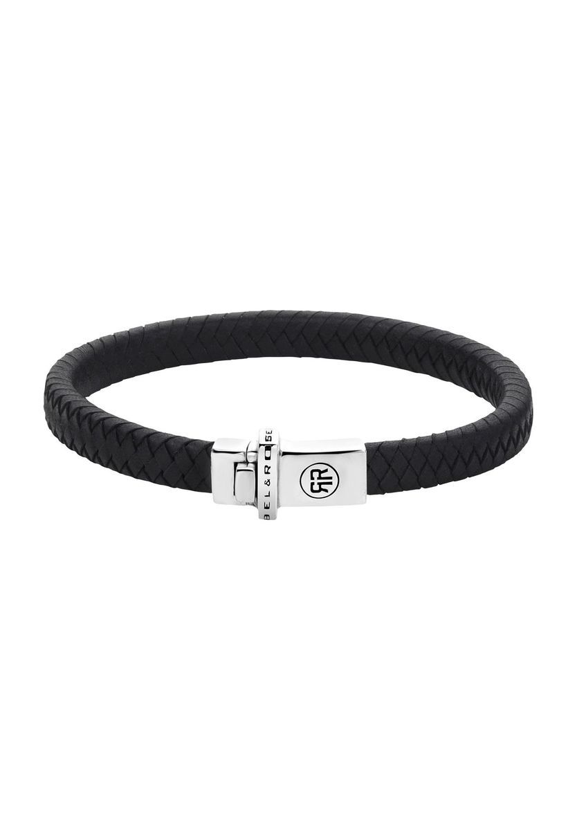 Schwarzes Armband aus geflochtenem Leder mit Stahlschließe