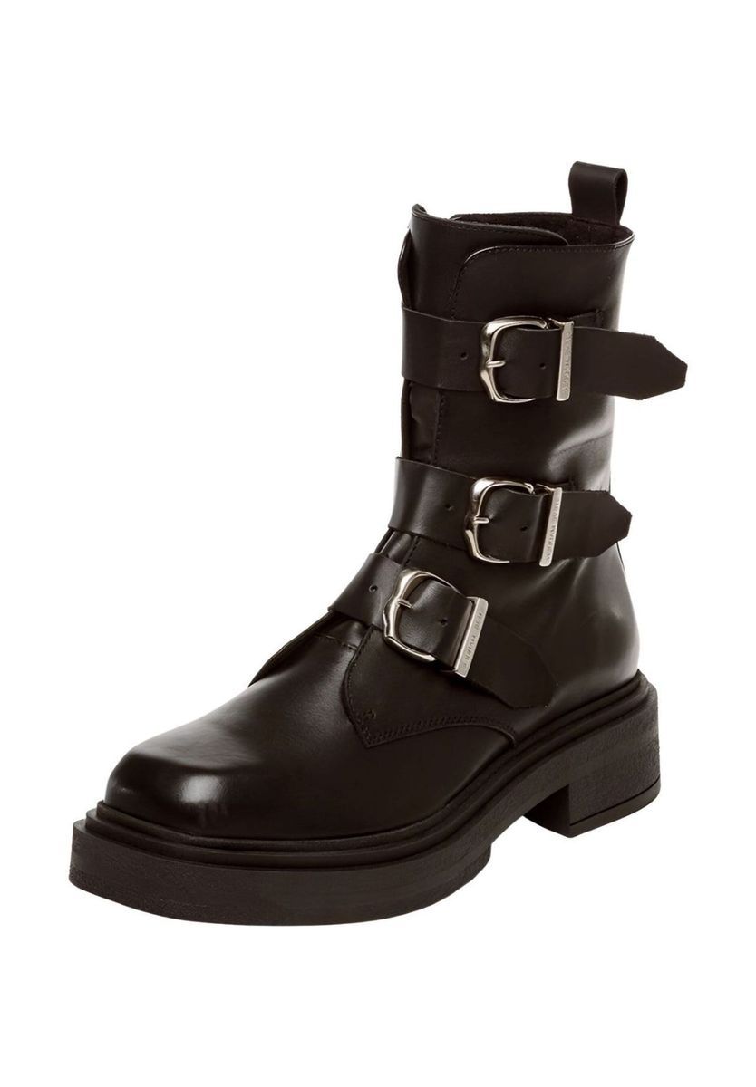 Schwarze Leder-Schnallenstiefeletten