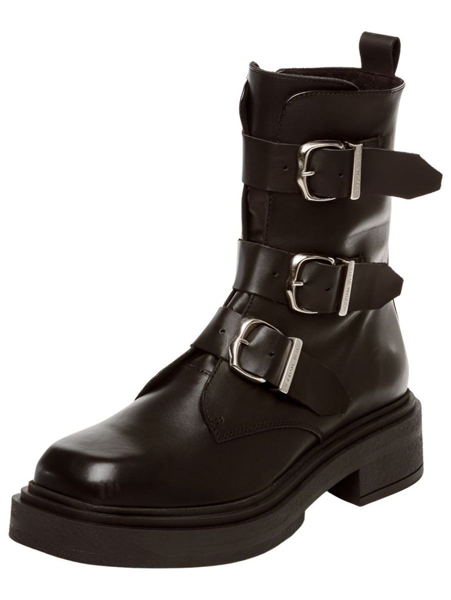 Schwarze Leder-Schnallenstiefeletten