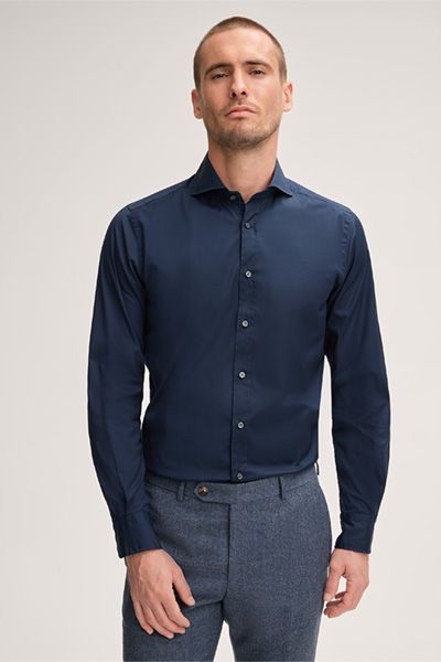 Windsor Lano Marineblaues Baumwollmischhemd Moderner Shaped Fit