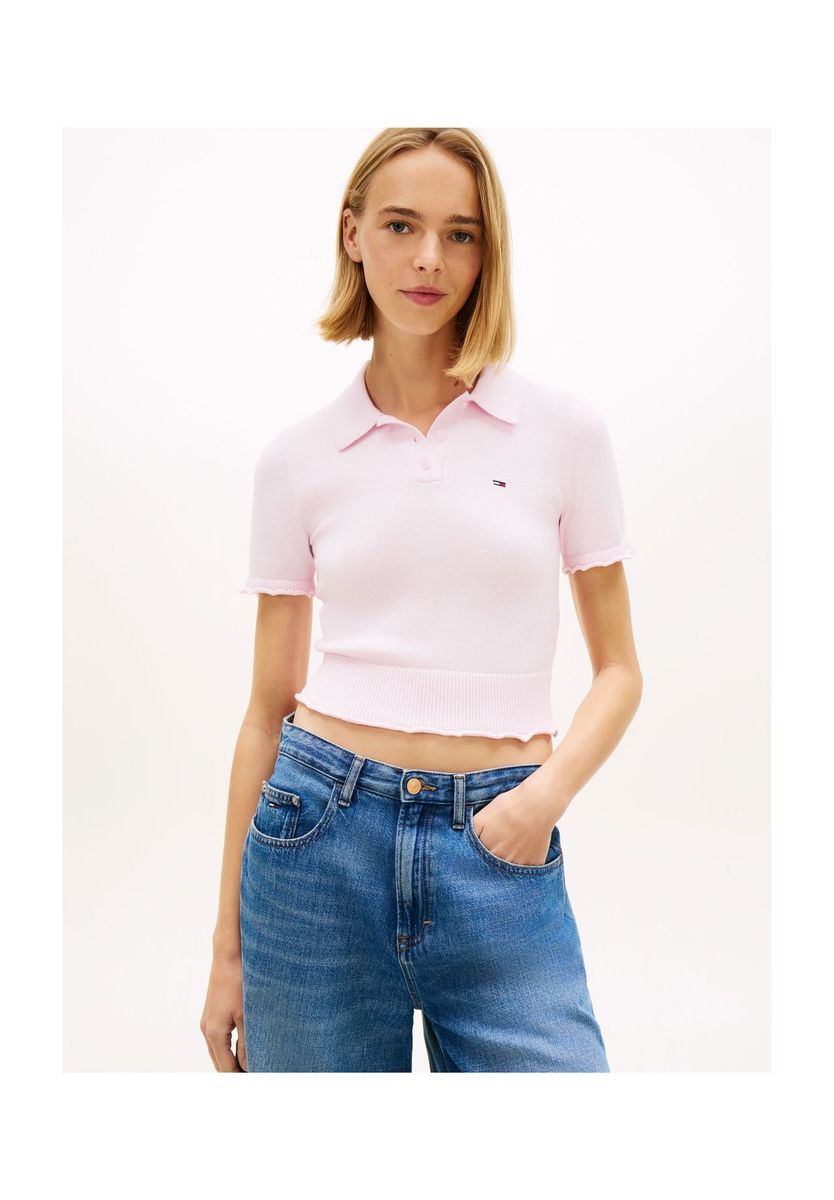 Kurzes Strickpolohemd mit Rüschenbesatz