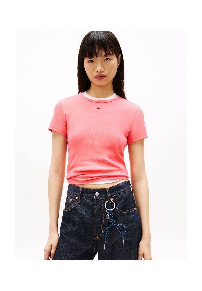 Figurbetontes geripptes T-Shirt mit Rundhalsausschnitt