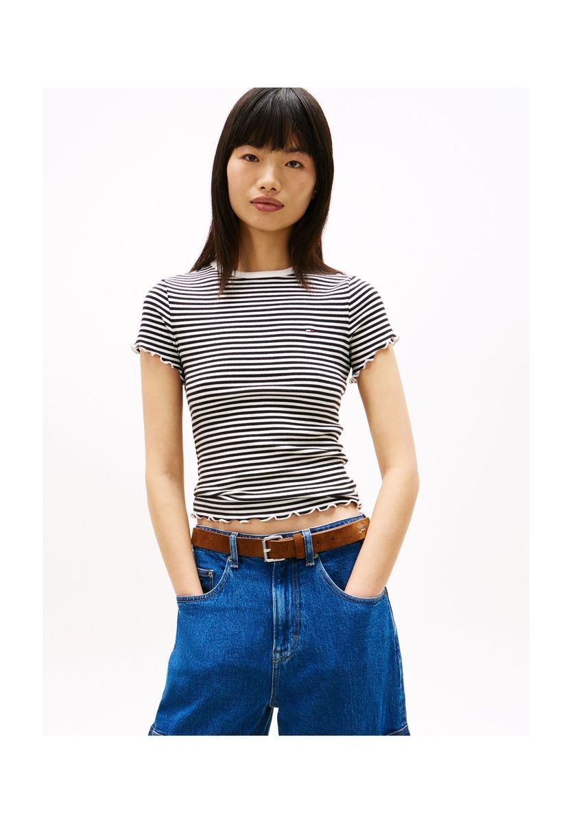 Gestreiftes, figurbetontes Shirt mit Rüschensaum