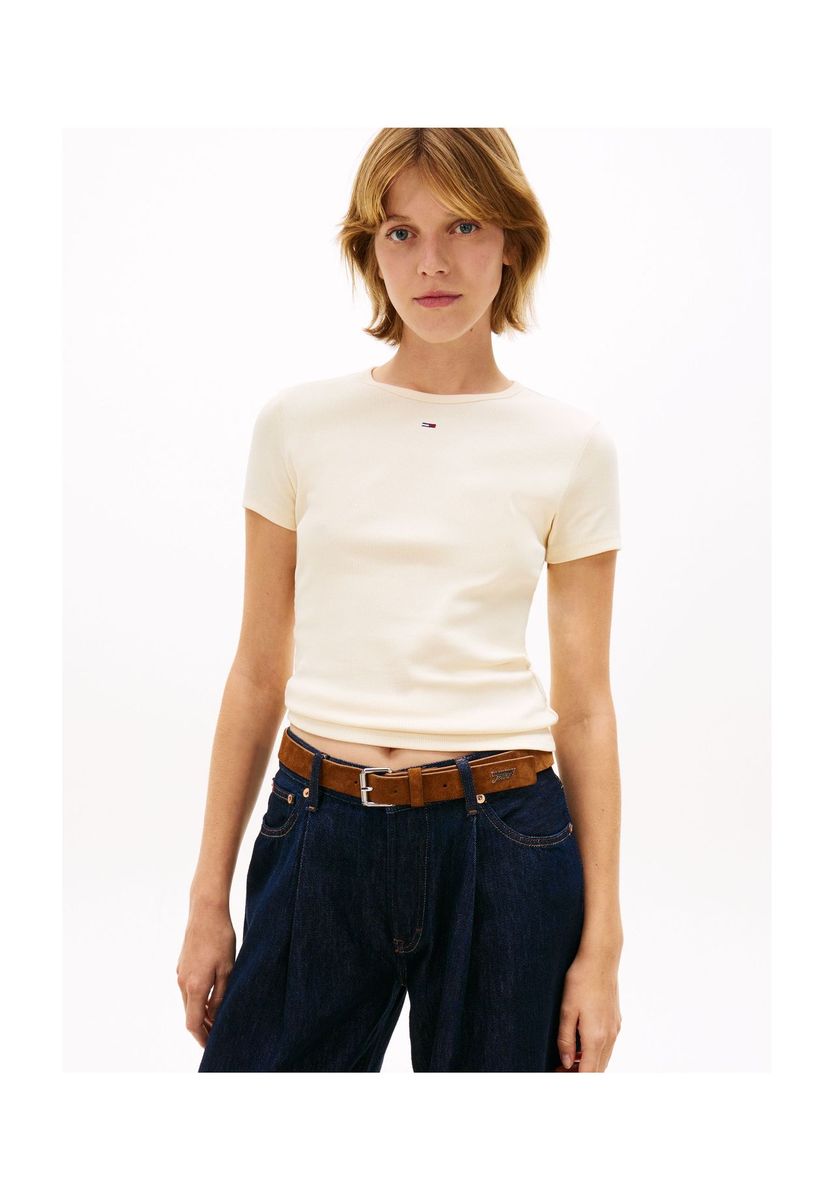 Figurbetontes geripptes Strick-T-Shirt mit Logo