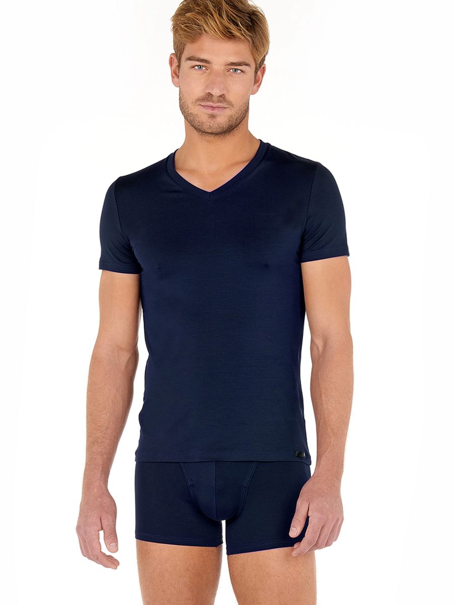 HOM Soft Unterhemd, Kurzarm, V-Ausschnitt, für Herren, blau, S