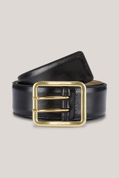 Italienischer Nappa Leder Schwarzer Gürtel mit Goldener Rechteckiger Schnalle