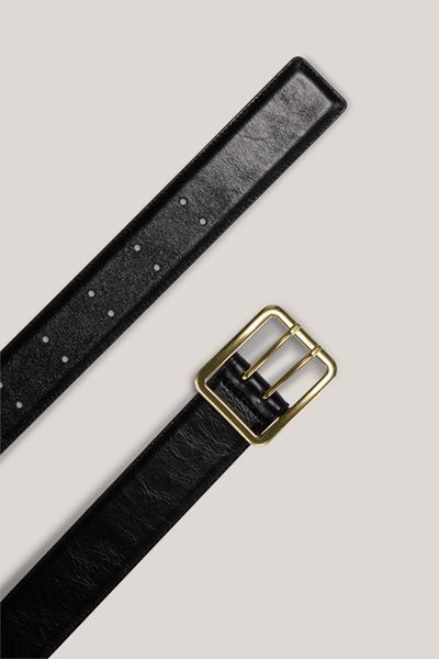 Italienischer Nappa Leder Schwarzer Gürtel mit Goldener Rechteckiger Schnalle