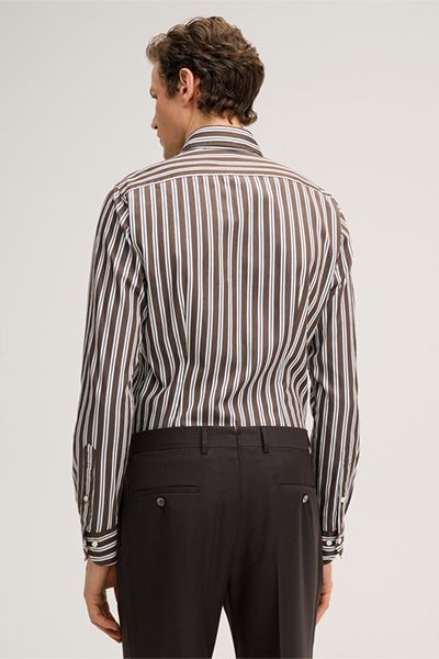 Gestreiftes Lano Baumwollhemd in Braun und Weiß mit Kragen