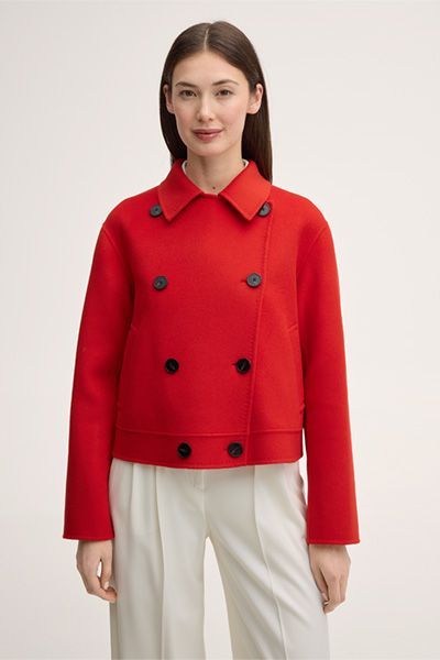 Woll-Doubleface-Doppelreiher-Jacke in Rot mit schwarzen Knöpfen