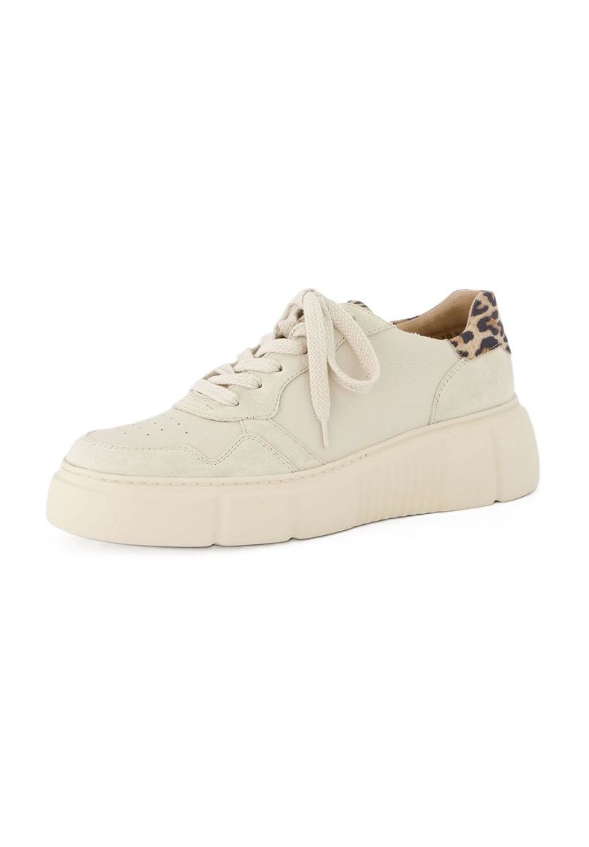 Beige Leder Plateau-Sneakers mit Leoparden-Detail