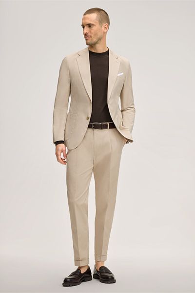 Baumwollmix-Hose Sapo mit Bundfalte und Umschlag in Beige