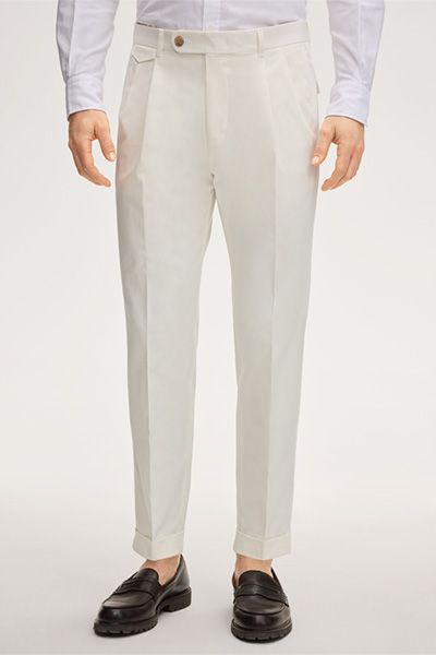 Baumwollmix-Hose Sapo mit Bundfalte in Weiß mit Umschlag