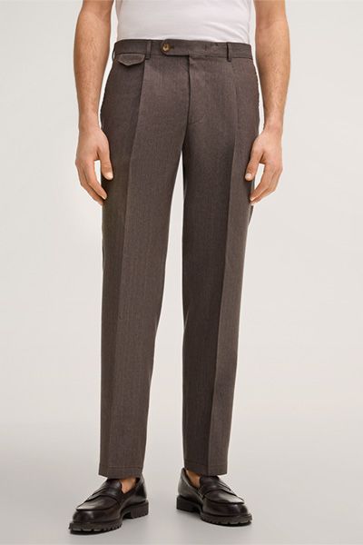 Mango Wollmischung Braune Bundfaltenhose mit Leinen und Münztasche