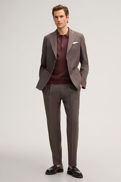 Mango Wollmischung Braune Bundfaltenhose mit Leinen und Münztasche