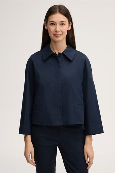 Navy Baumwollmix Cropped Blazer Jacke mit weiten Ärmeln