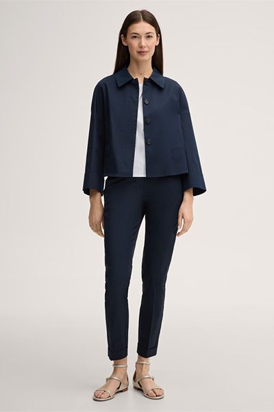 Navy Baumwollmix Cropped Blazer Jacke mit weiten Ärmeln