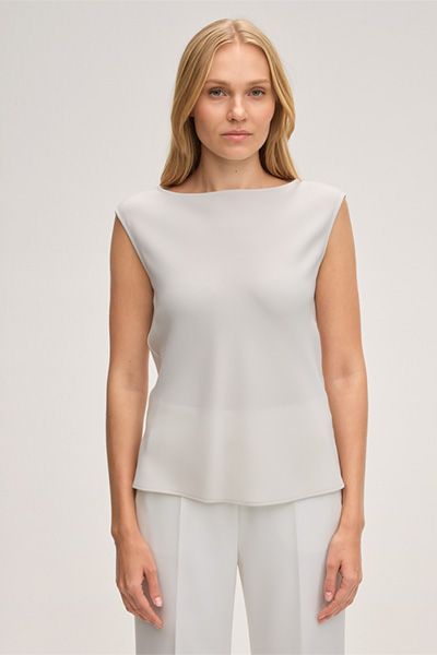 Elfenbeinfarbenes Triacetat-Blusentop mit ärmellosem Design und U-Boot-Ausschnitt