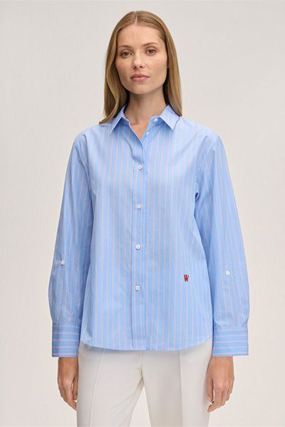 W Collection Gestreifte Baumwoll-Hemdbluse in Hellblau