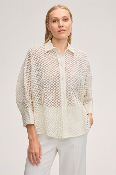 Ecru Baumwollmix-Bluse mit strukturierter Karomuster und Dreiviertelärmeln