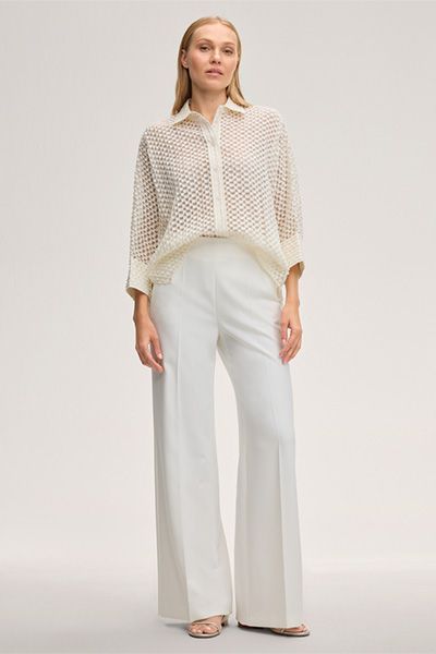 Ecru Baumwollmix-Bluse mit strukturierter Karomuster und Dreiviertelärmeln