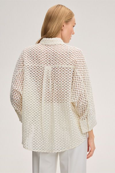 Ecru Baumwollmix-Bluse mit strukturierter Karomuster und Dreiviertelärmeln