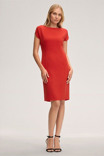 Shift Kleid Midi Länge Rot Triacetat Kurze Flügelärmel