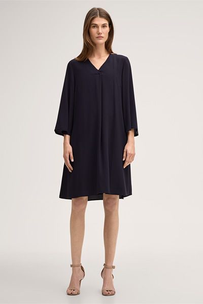 Marineblaues A-Linien-Crêpe-Kleid mit V-Ausschnitt und Fransen