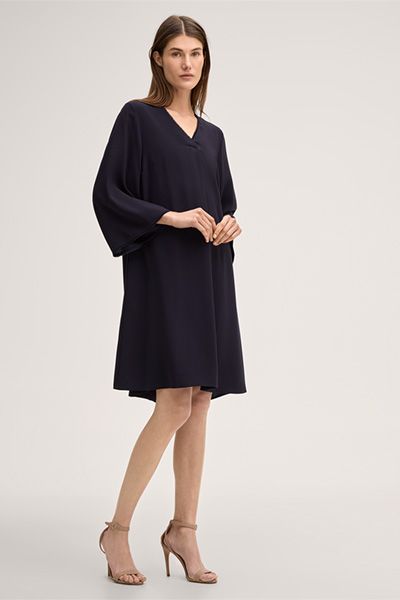 Marineblaues A-Linien-Crêpe-Kleid mit V-Ausschnitt und Fransen