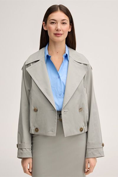 Marc Cain Greige Baumwoll-Stretch Trench Blazer Jacke Kurz