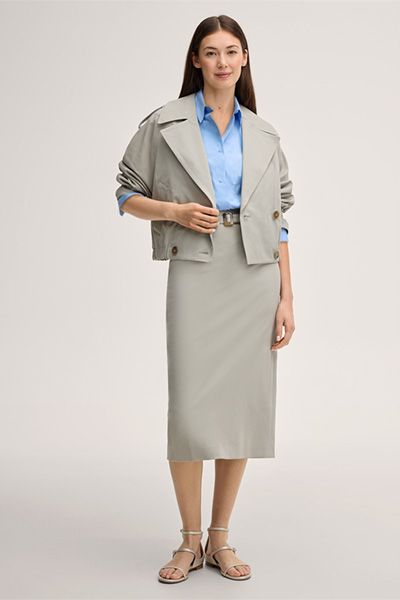 Marc Cain Greige Baumwoll-Stretch Trench Blazer Jacke Kurz
