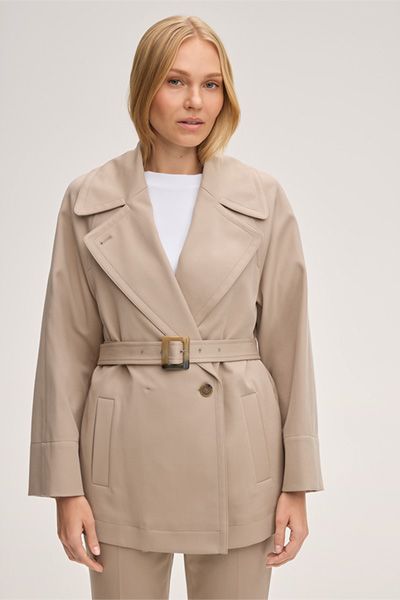 Beige Baumwolle Double Weave Trench Jacke mit Gürtel und Revers