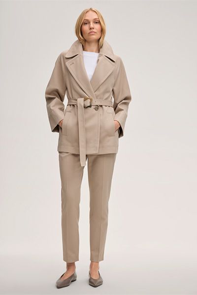 Beige Baumwolle Double Weave Trench Jacke mit Gürtel und Revers