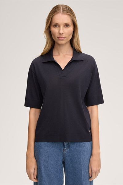 Marineblaues Polo-Shirt aus Lyocell-Baumwollmischung mit kurzen Ärmeln und Kragen