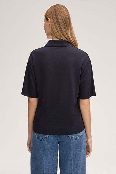 Marineblaues Polo-Shirt aus Lyocell-Baumwollmischung mit kurzen Ärmeln und Kragen
