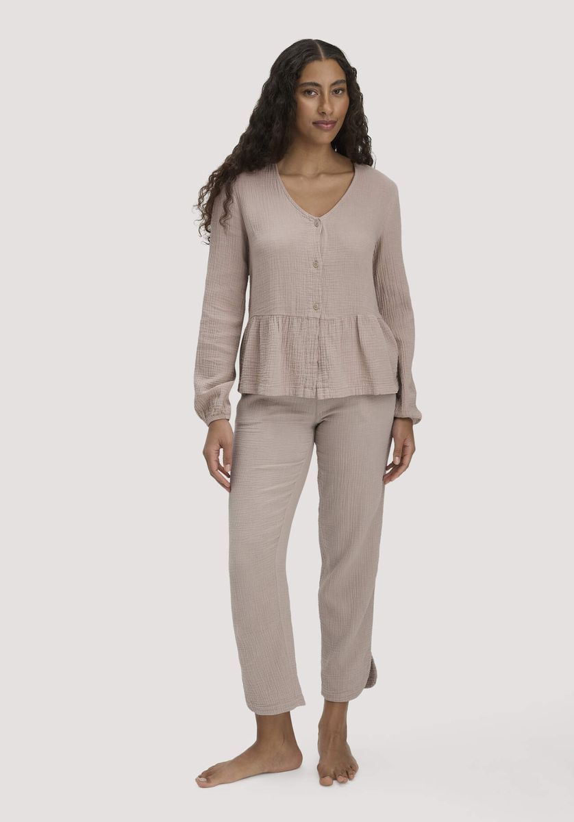 hessnatur Damen Musselin Schlafhose Regular PURE COMFORT aus Bio-Baumwolle - beige - Größe 34