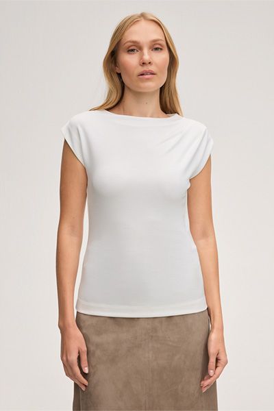 Doubleface Interlock Ecru T-Shirt mit U-Boot-Ausschnitt und Flügelärmeln