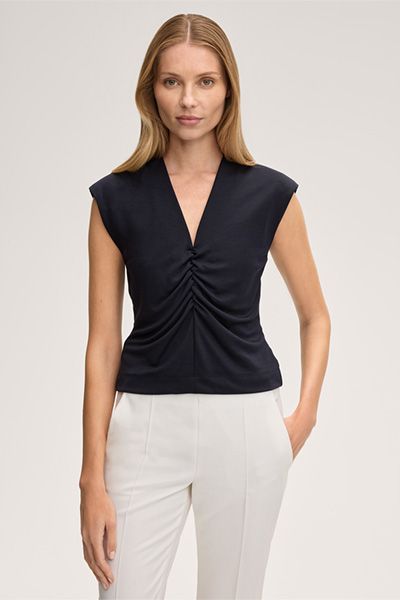 Doubleface Interlock Marineblaues Shirt mit V-Ausschnitt und Schulterpolstern