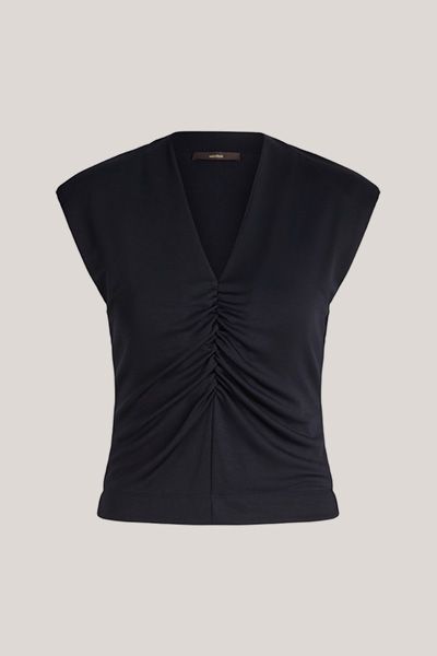 Doubleface Interlock Marineblaues Shirt mit V-Ausschnitt und Schulterpolstern