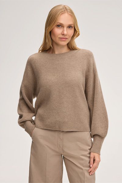 Cashmere-Pullover in Beige mit Ballonärmeln und Rippstrick