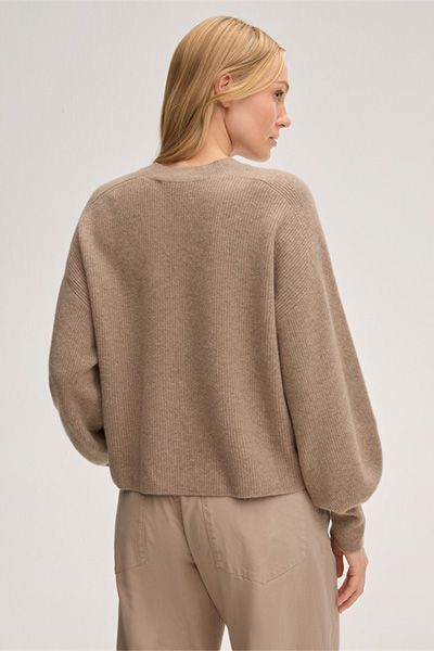 Cashmere-Pullover in Beige mit Ballonärmeln und Rippstrick