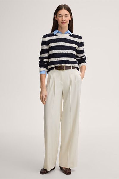 Kaschmirwollpullover in Marineblau-Ecru Streifen Rundhalsausschnitt