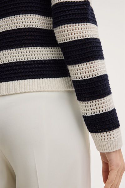 Kaschmirwollpullover in Marineblau-Ecru Streifen Rundhalsausschnitt