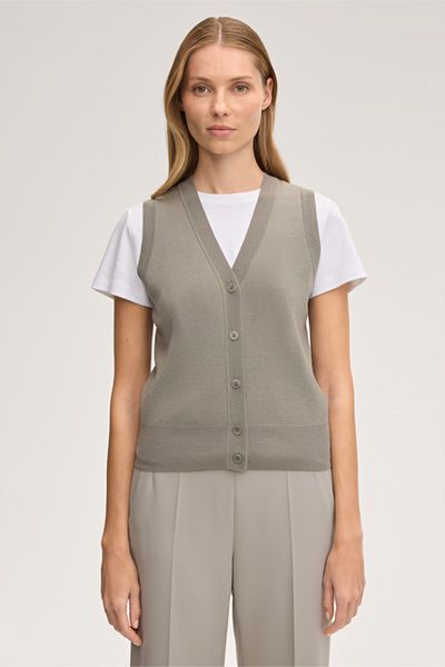 Cardigan Top aus Wollseidenmischung in Greige, geknöpfte Weste