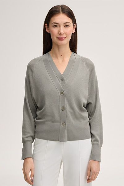 Cardigan aus Woll-Seiden-Mischung in Greige mit V-Ausschnitt und Knöpfen